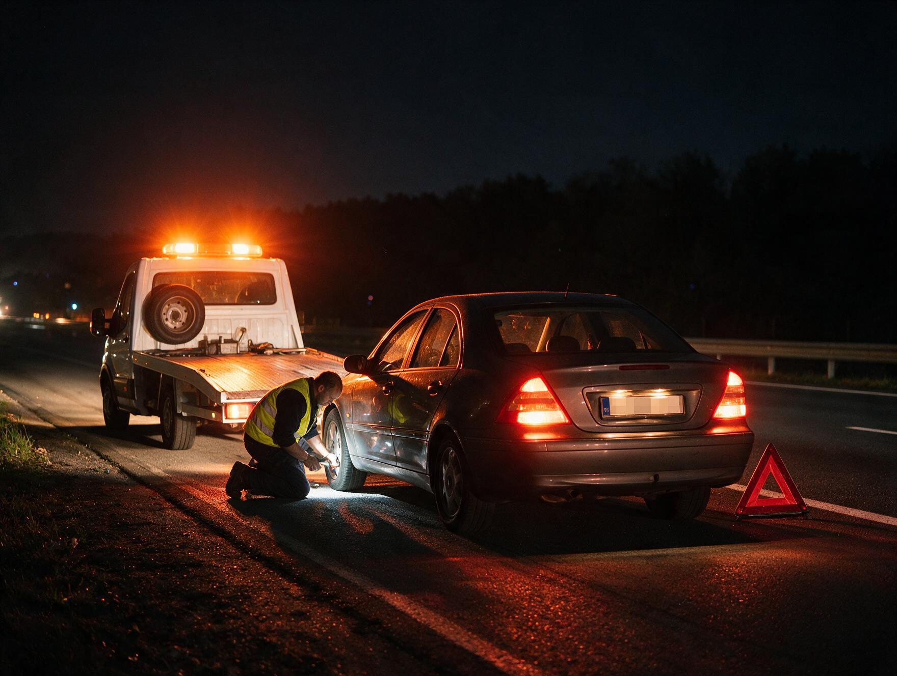 Gece araç kurtarma ve yol yardım çalışması